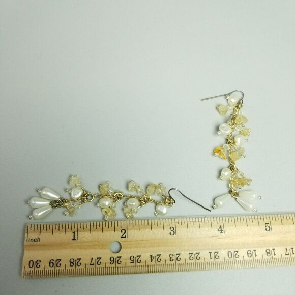 Vintage Long Beaded Dangle Earrings, Faux Pearl Citrine Chips, 3 Inches, Estate - Picture 4 of 6